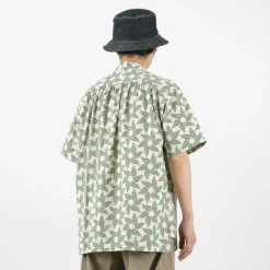 GOHEMP / Collarless Short Sleeve Shirt Tornado Print
