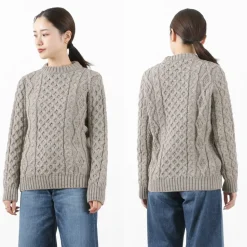 KERRY WOOLLEN MILLS / 5 gauge 3-ply aran cable crew neck heavy knit