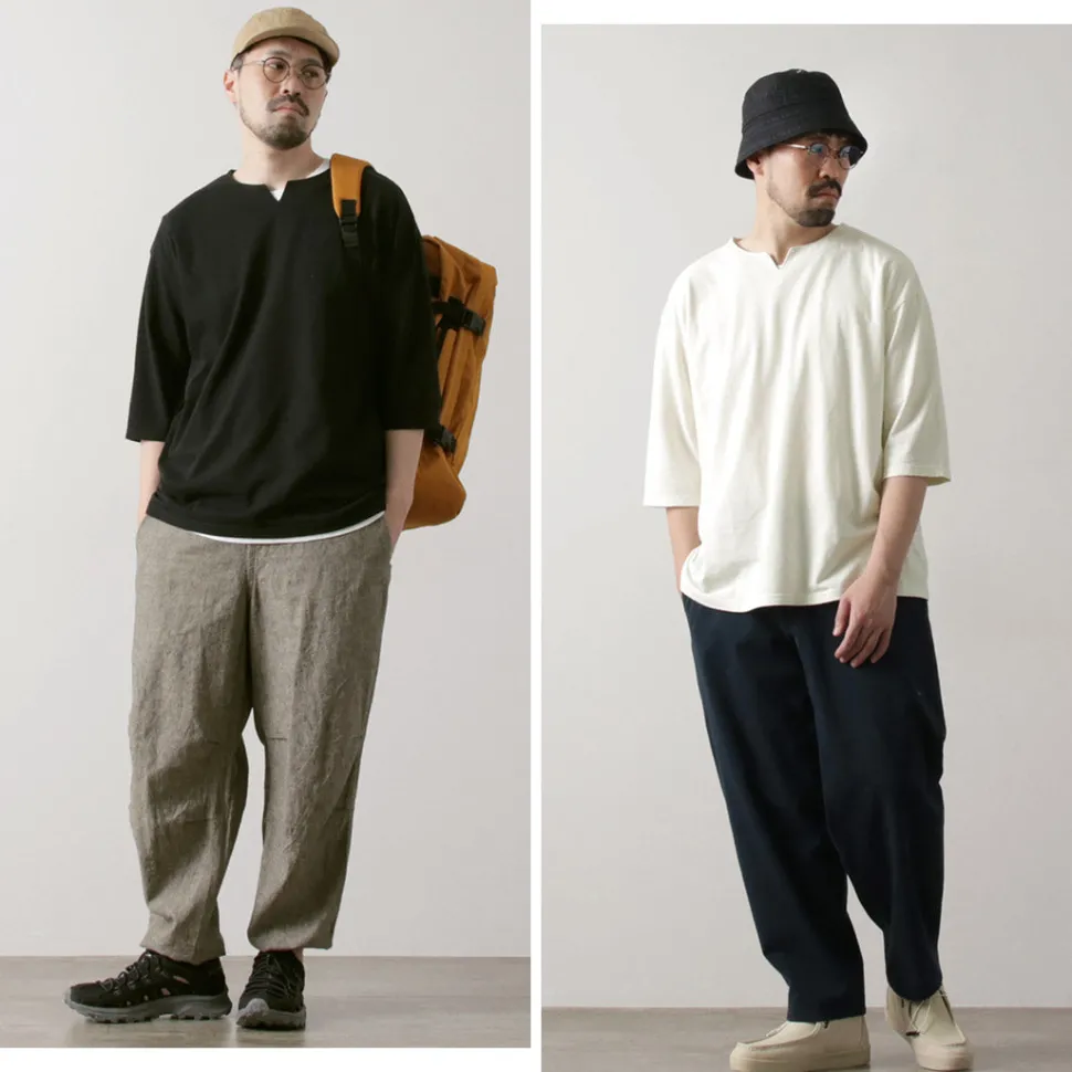 ROCOCO / Linen Cotton Key Neck T-Shirt