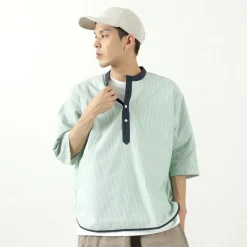 ROCOCO / Woven seersucker henley neck T-shirt