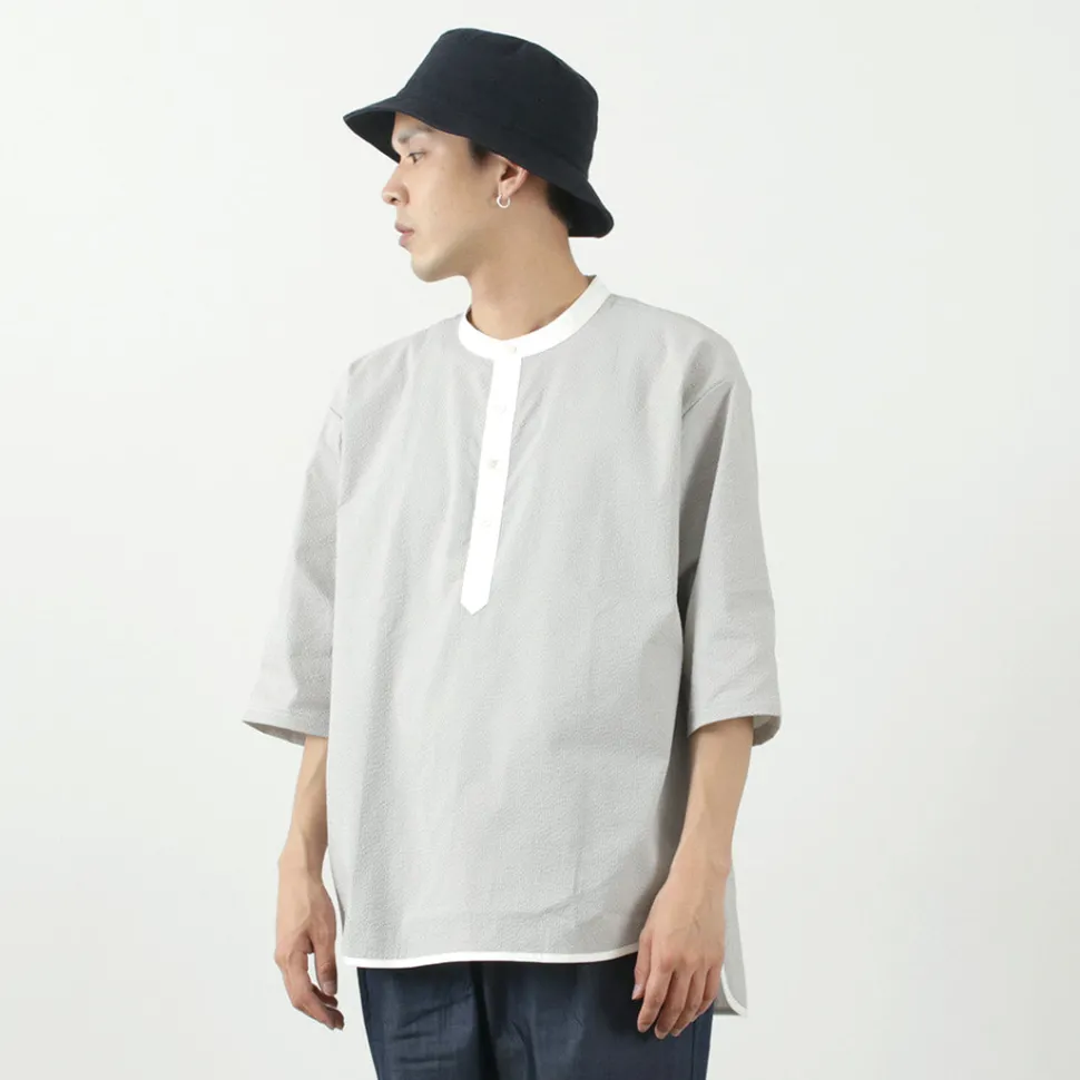 ROCOCO / Woven seersucker henley neck T-shirt