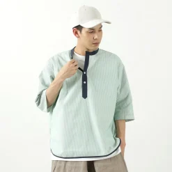 ROCOCO / Woven seersucker henley neck T-shirt