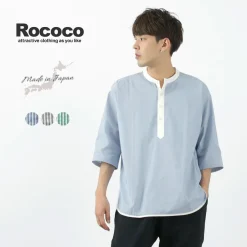 ROCOCO / Woven seersucker henley neck T-shirt