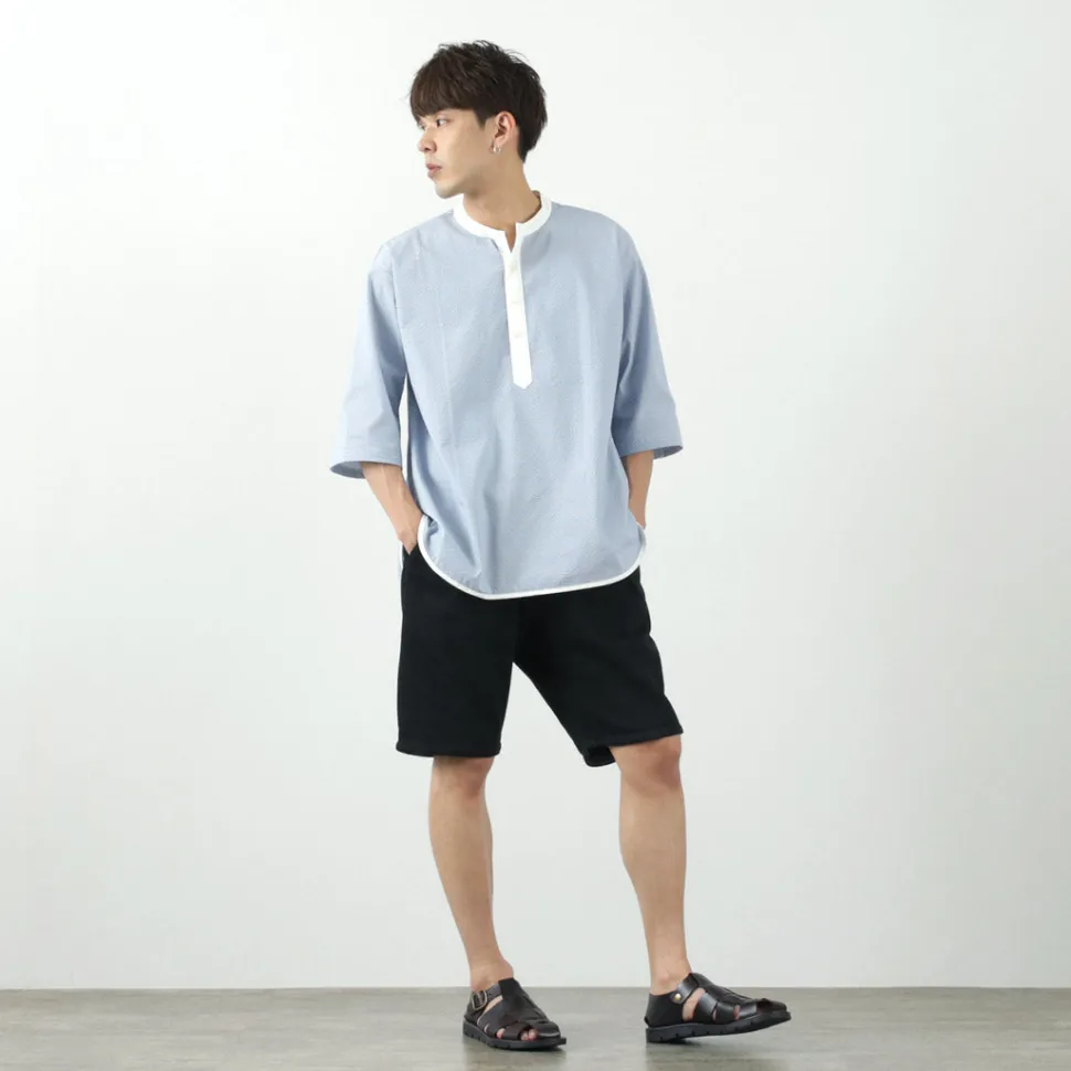 ROCOCO / Woven seersucker henley neck T-shirt